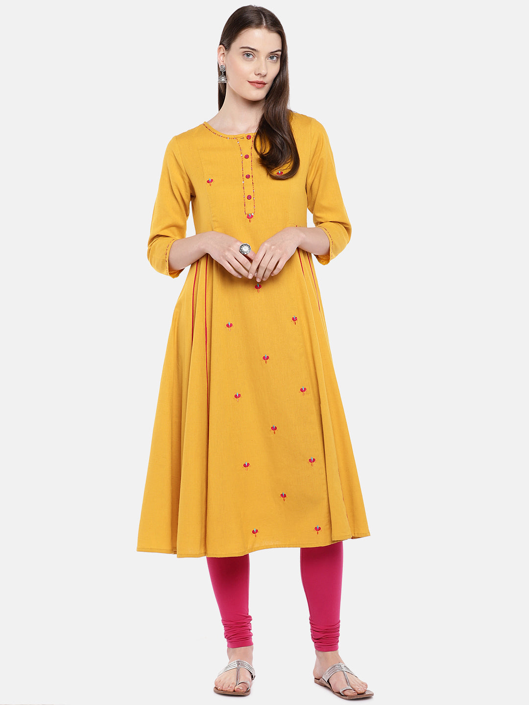 Women A Line Three-Fourth Mustard Kurta
