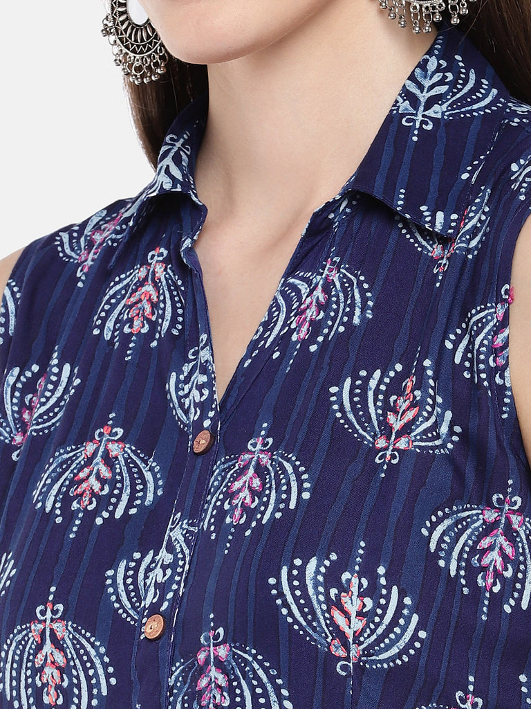 Women A Line Sleeveless Indigo Kurta