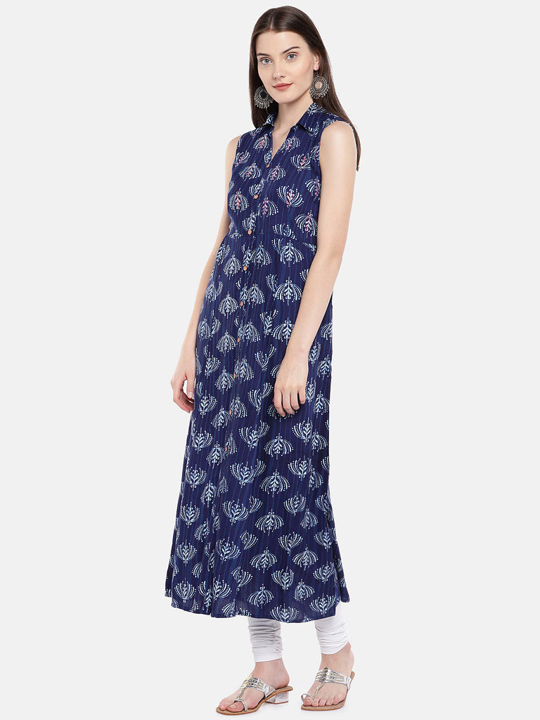 Women A Line Sleeveless Indigo Kurta