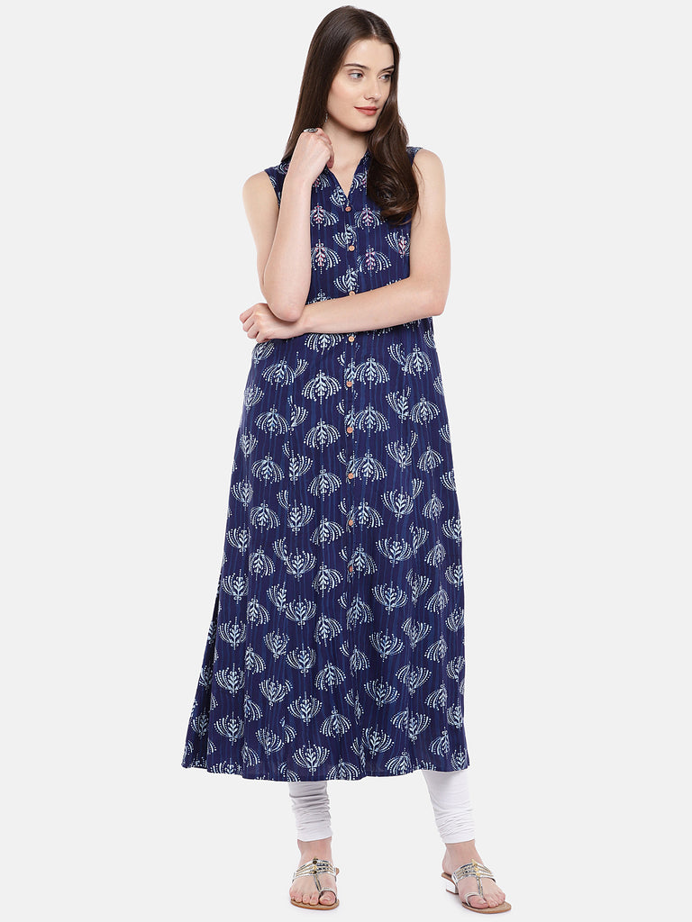 Women A Line Sleeveless Indigo Kurta