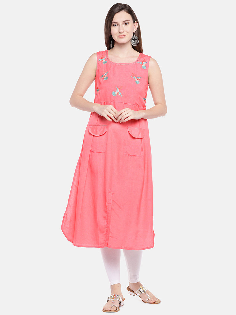 Women Straight Sleeveless Coral Kurta