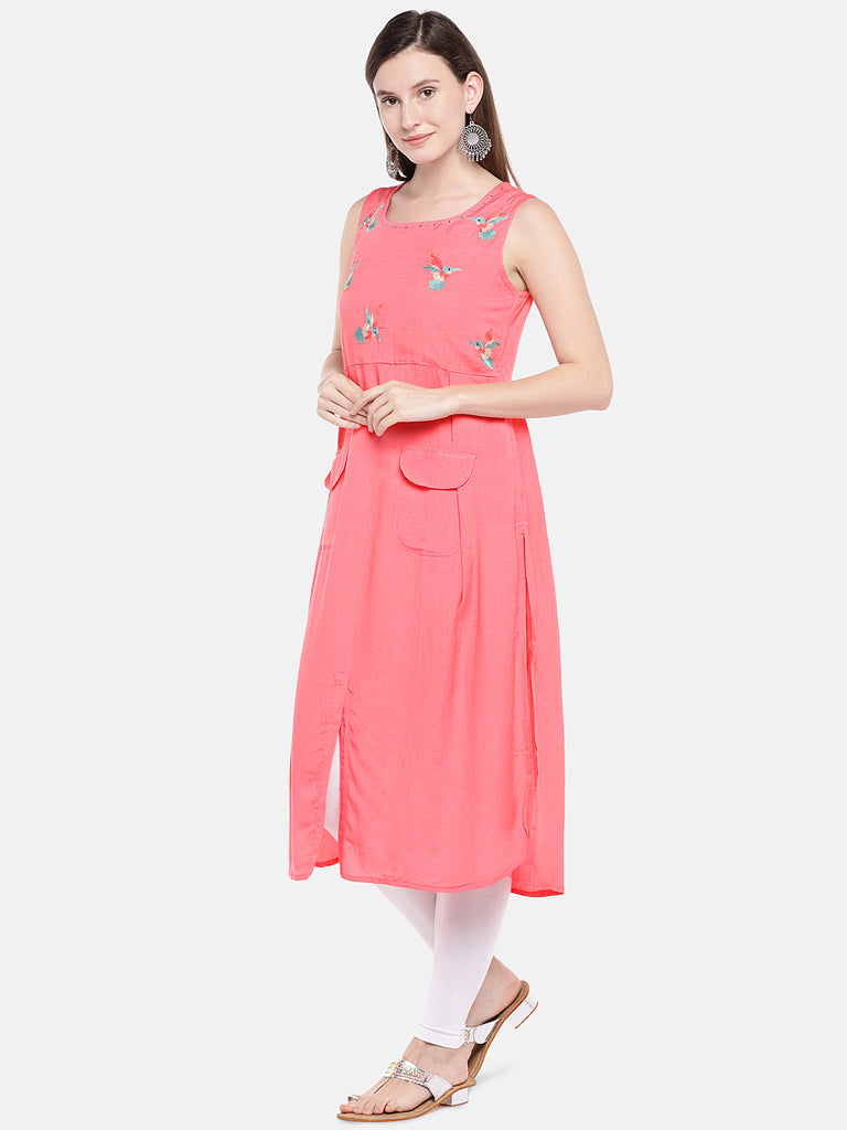 Women Straight Sleeveless Coral Kurta