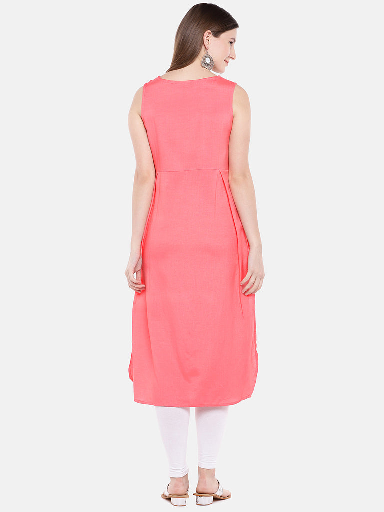 Women Straight Sleeveless Coral Kurta