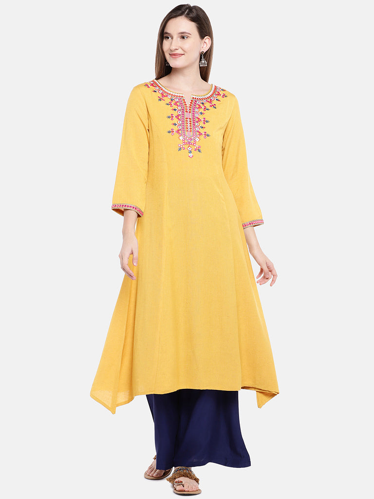 Women A Line Three-Fourth Mustard Kurta