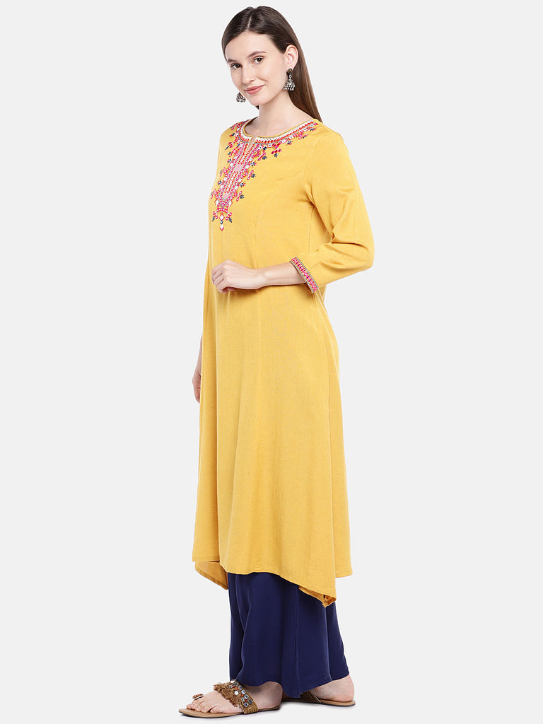 Women A Line Three-Fourth Mustard Kurta