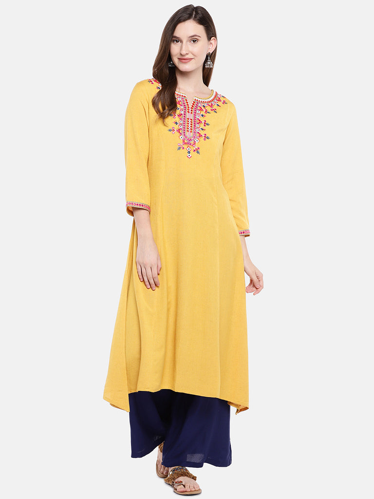 Women A Line Three-Fourth Mustard Kurta