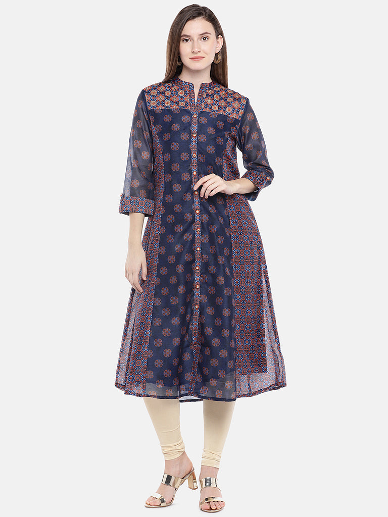 Women Straight Three-Fourth Navy Kurta