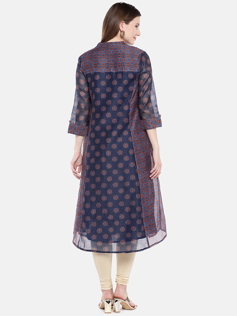 Women Straight Three-Fourth Navy Kurta