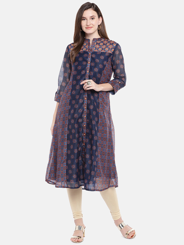 Women Straight Three-Fourth Navy Kurta