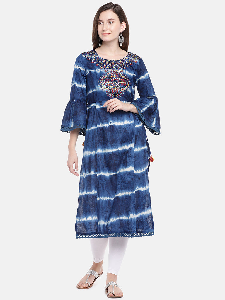 Women Straight Three-Fourth Indigo Kurta