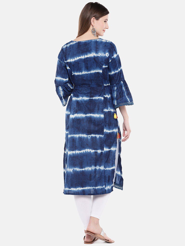 Women Straight Three-Fourth Indigo Kurta