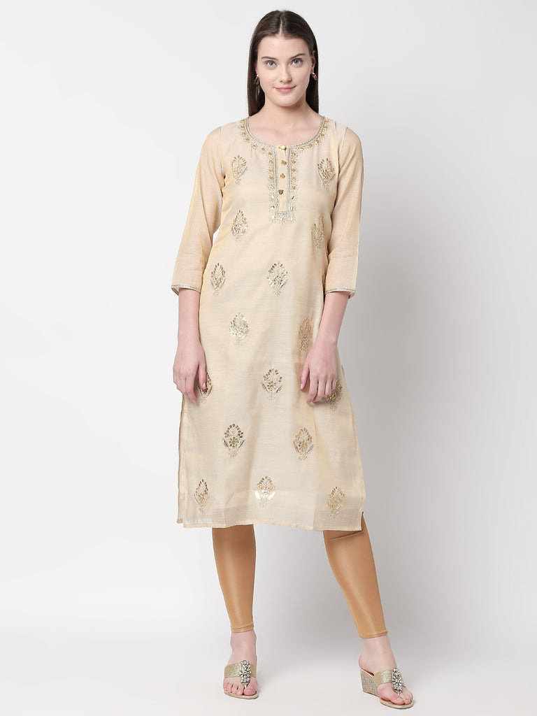 Women Straight Three-Fourth Beige Kurta