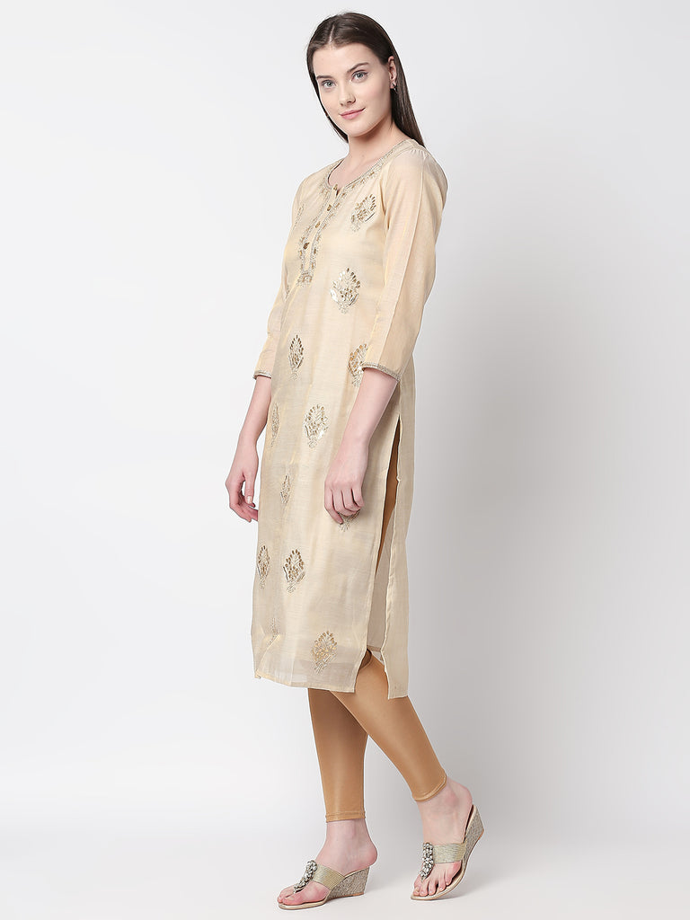 Women Straight Three-Fourth Beige Kurta