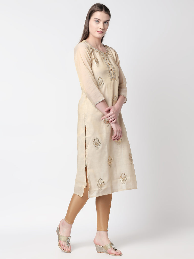 Women Straight Three-Fourth Beige Kurta
