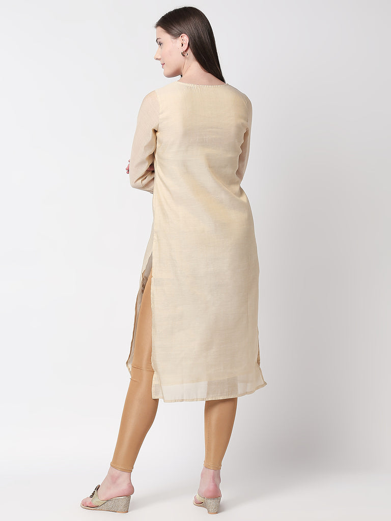 Women Straight Three-Fourth Beige Kurta