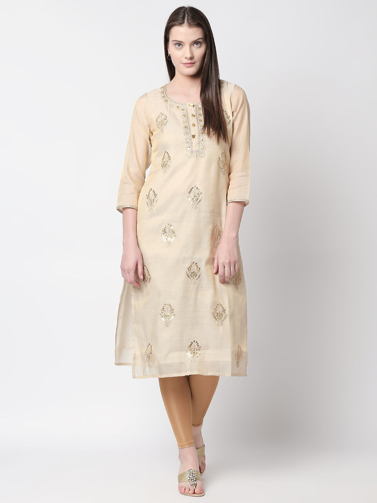 Women Straight Three-Fourth Beige Kurta