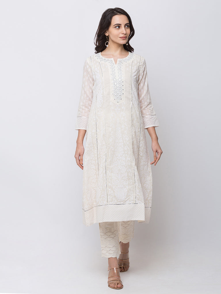Women Kalidar Three-Fourth White Kurta