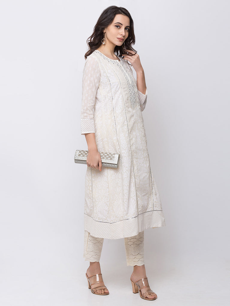 Women Kalidar Three-Fourth White Kurta
