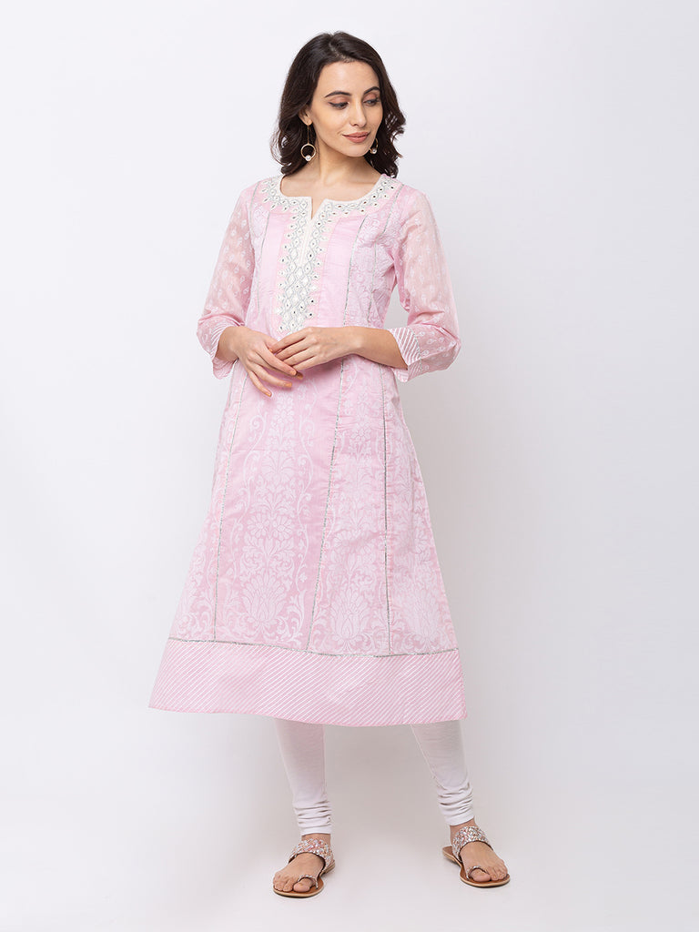 Women Kalidar Three-Fourth Pink Kurta