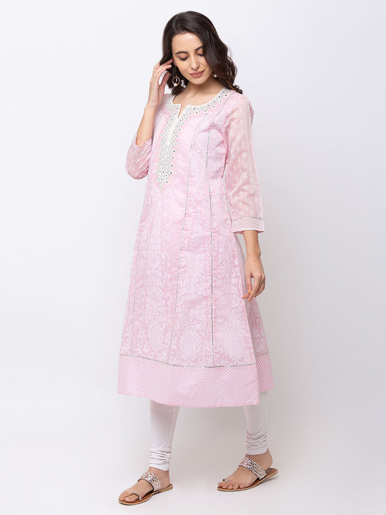 Women Kalidar Three-Fourth Pink Kurta