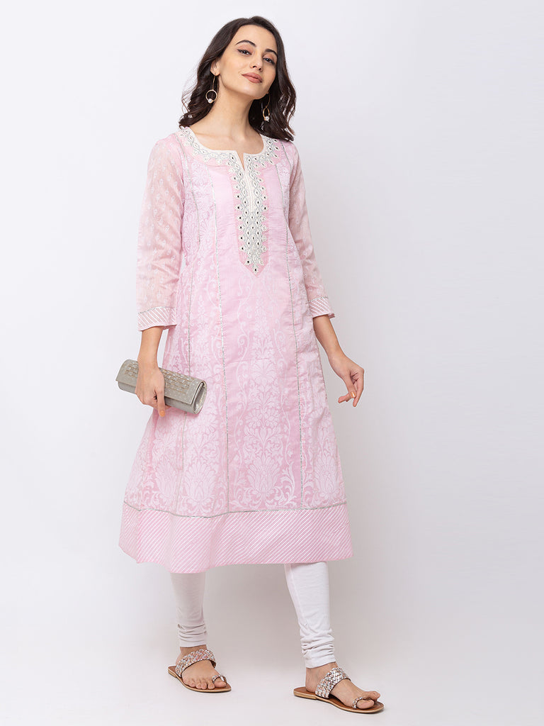 Women Kalidar Three-Fourth Pink Kurta