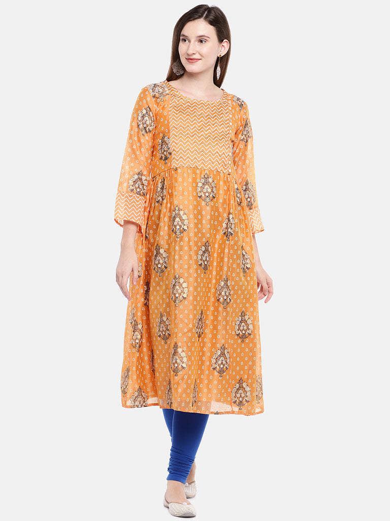 Women Flared Sleeveless Orange Kurta