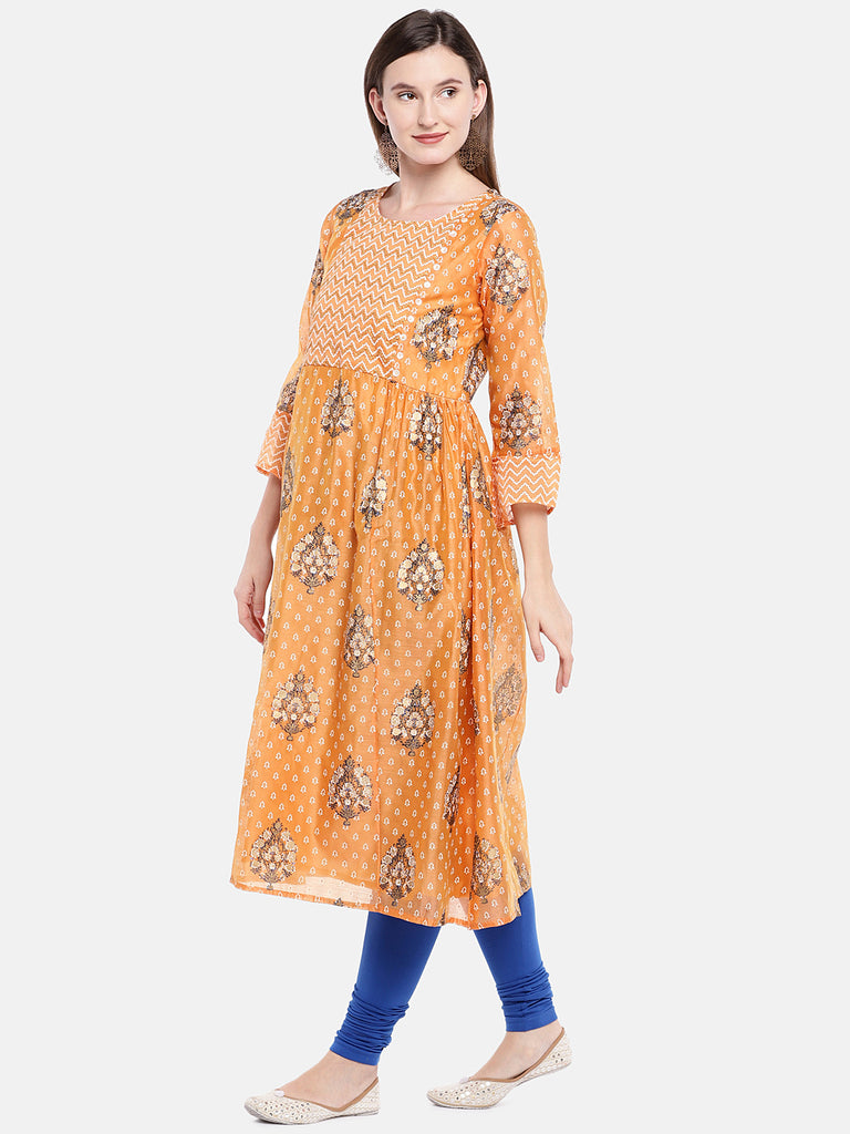 Women Flared Sleeveless Orange Kurta