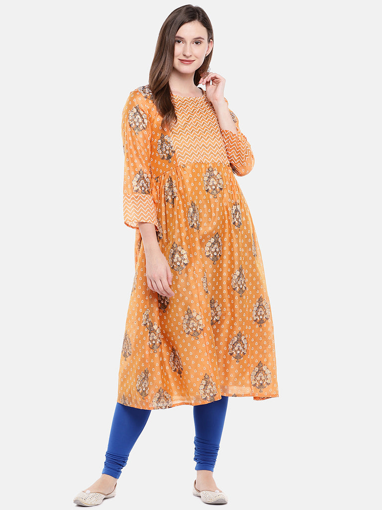 Women Flared Sleeveless Orange Kurta