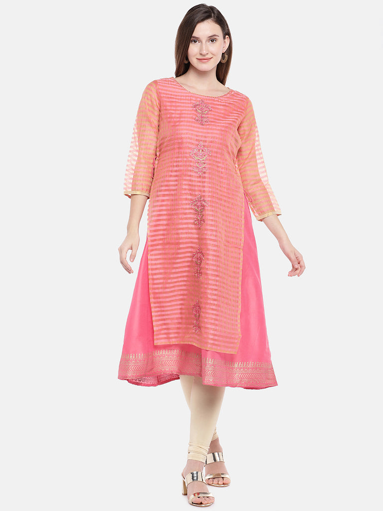 Women Twin Kurta Three-Fourth Peach Kurta