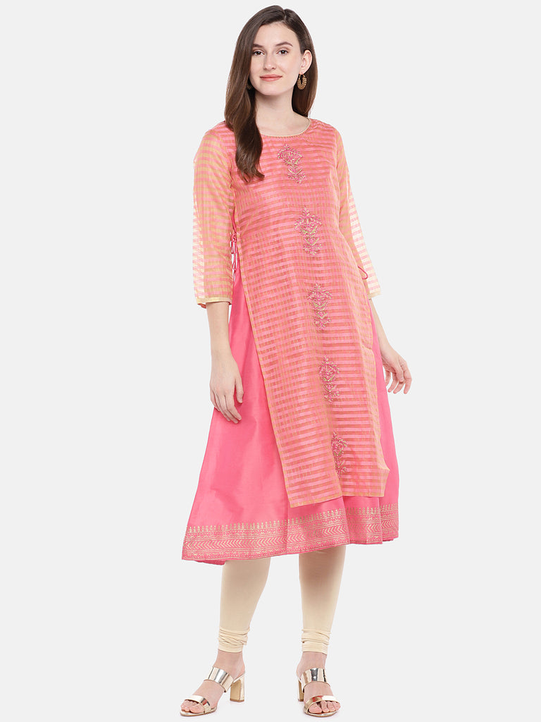Women Twin Kurta Three-Fourth Peach Kurta