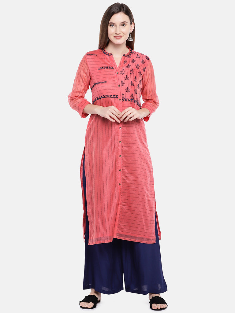 Women Straight Three-Fourth Coral Kurta