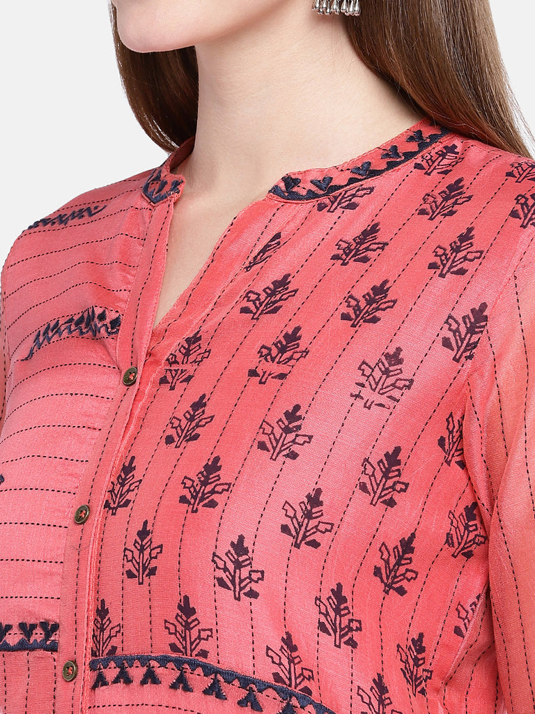 Women Straight Three-Fourth Coral Kurta