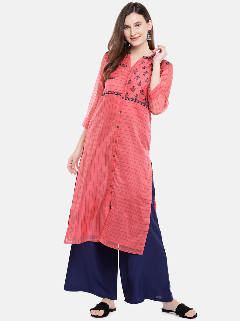 Women Straight Three-Fourth Coral Kurta