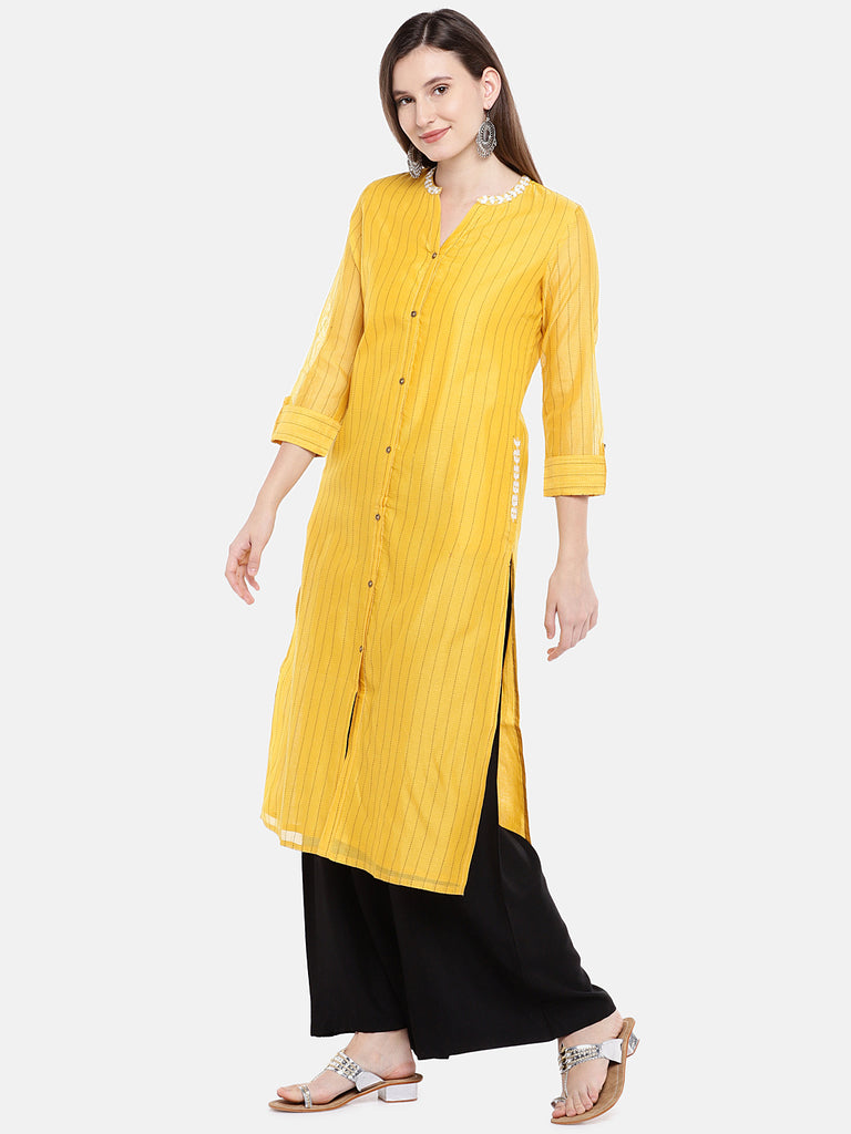 Women Straight Three-Fourth Mustard Kurta