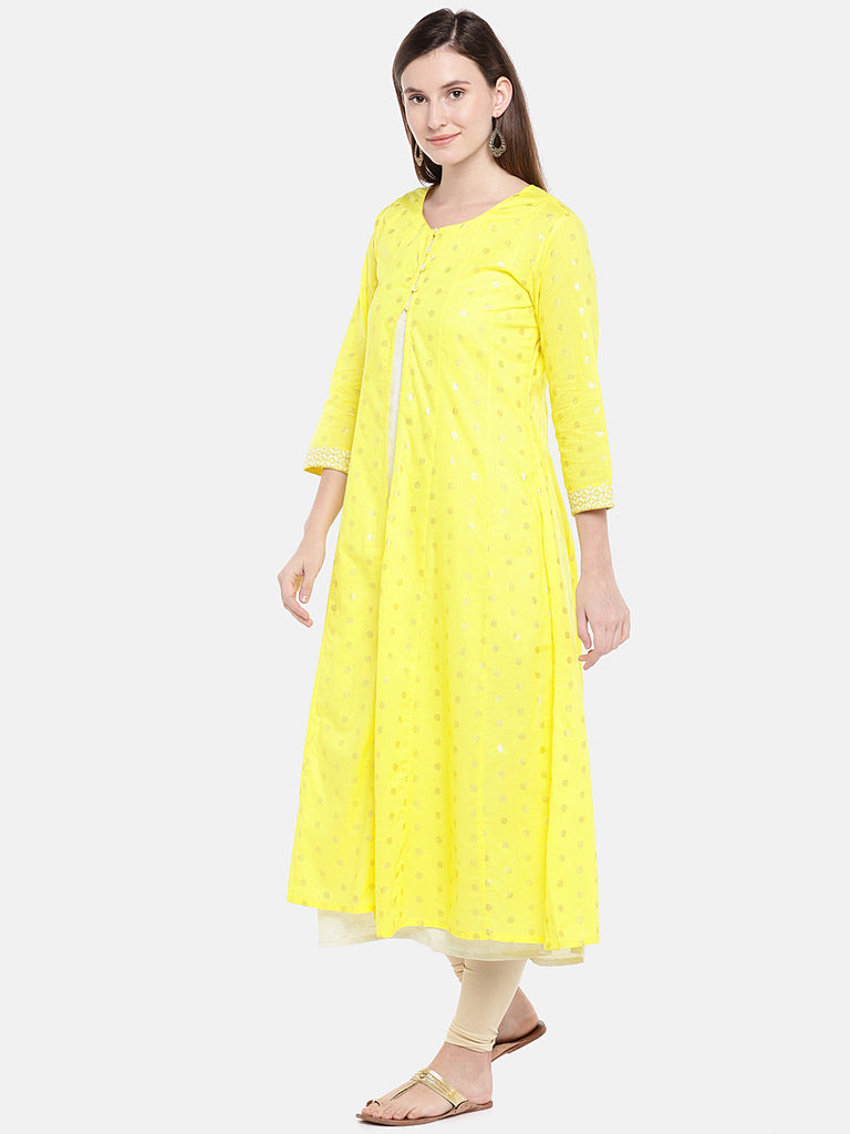 Women A Line Three-Fourth Yellow Kurta