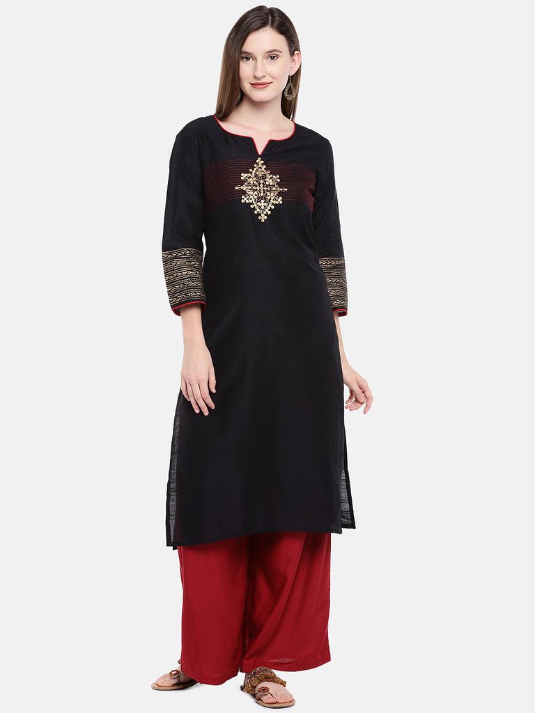 Women Straight Three-Fourth Black Kurta