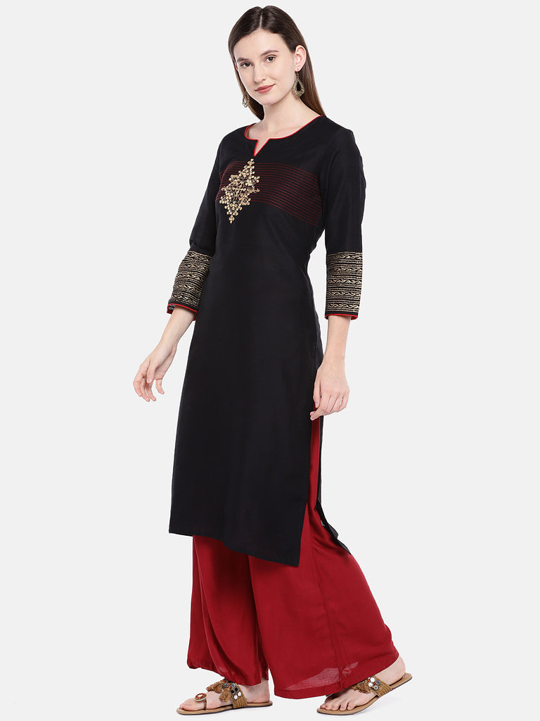 Women Straight Three-Fourth Black Kurta