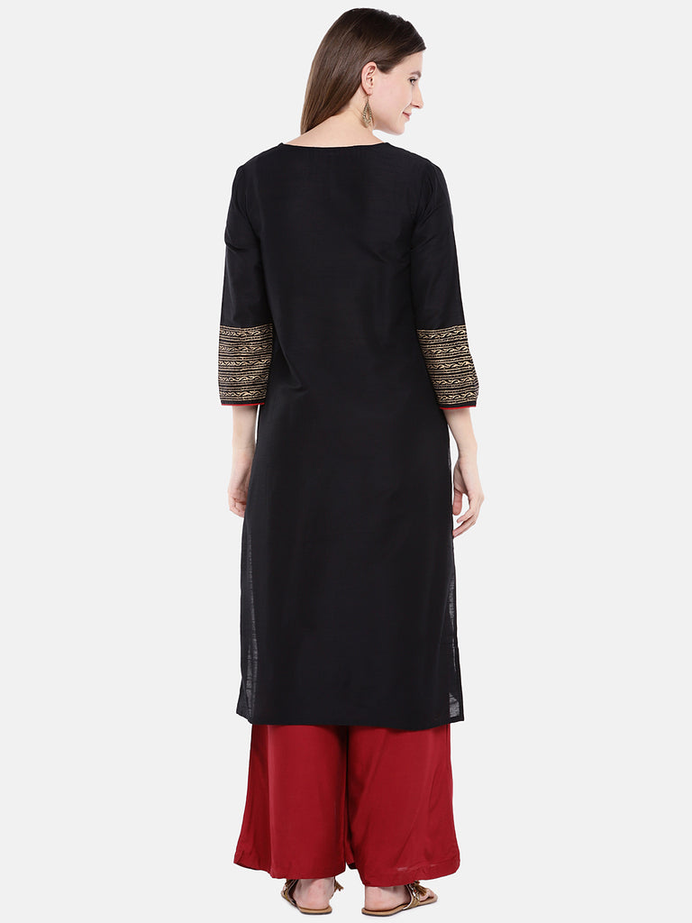 Women Straight Three-Fourth Black Kurta