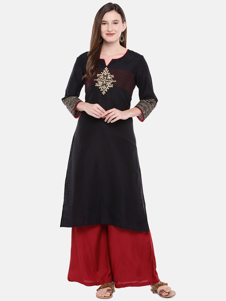 Women Straight Three-Fourth Black Kurta