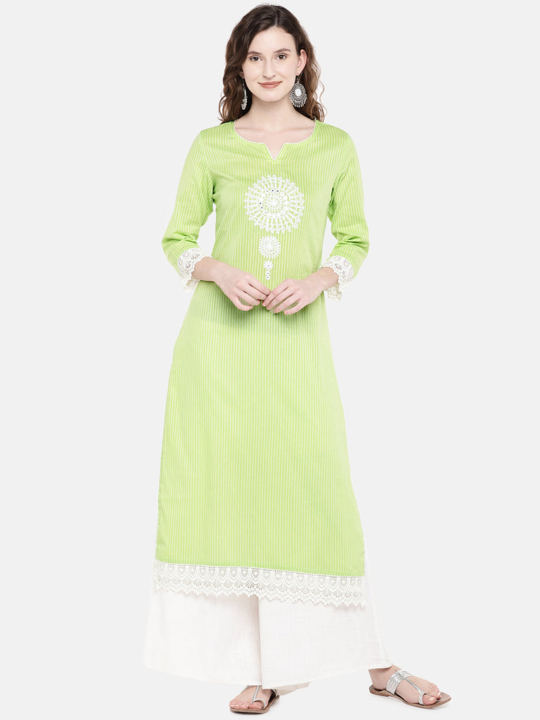 Women Straight Three-Fourth Lime Kurta