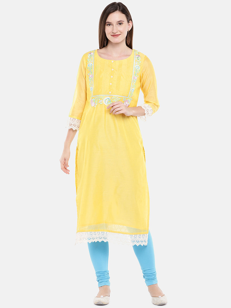 Women Straight Three-Fourth Yellow Kurta