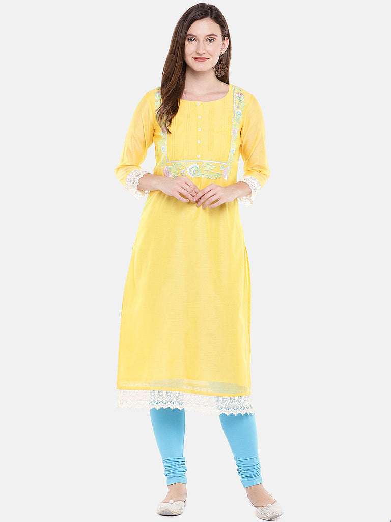 Women Straight Three-Fourth Yellow Kurta