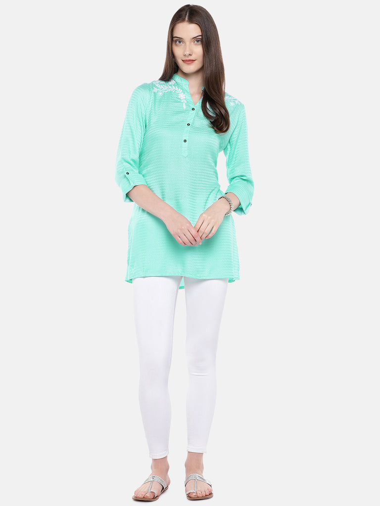 Women Straight Three-Fourth Aqua Tunic