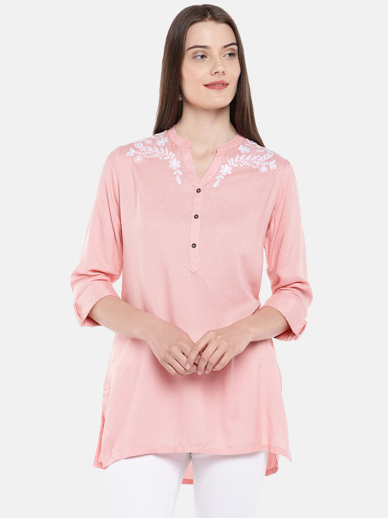 Women Straight Three-Fourth Pink Tunic