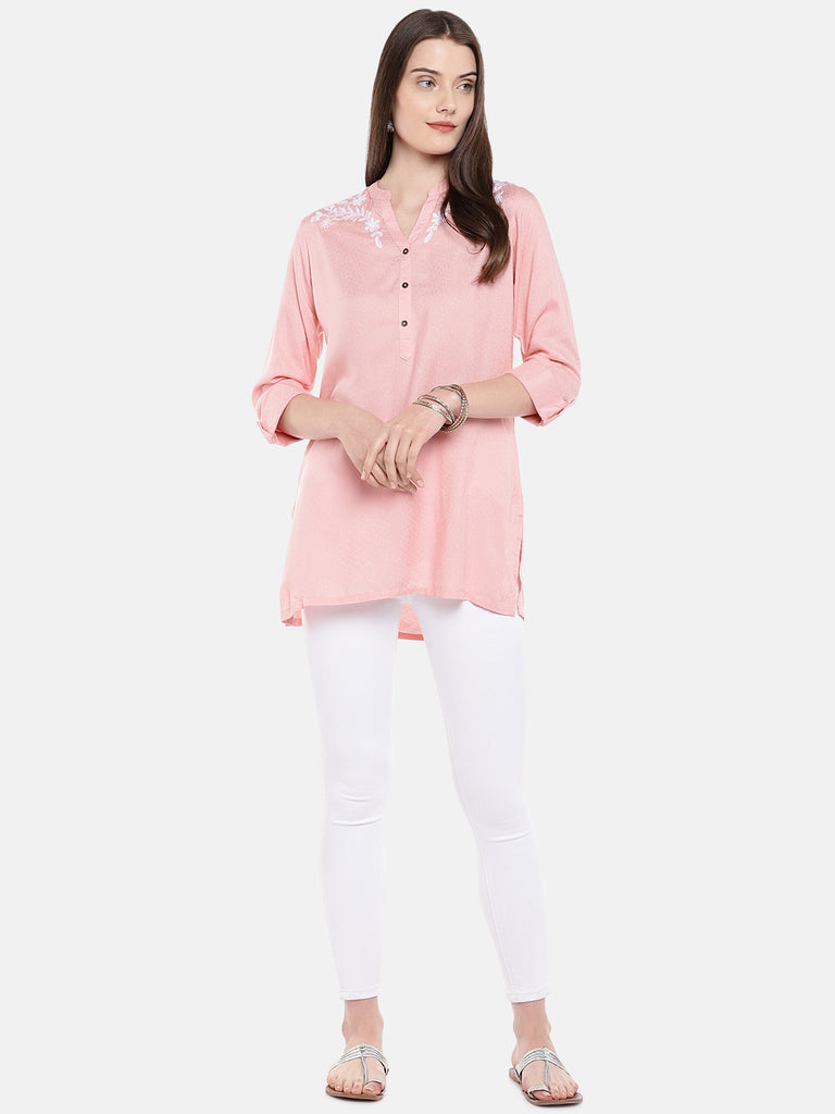 Women Straight Three-Fourth Pink Tunic