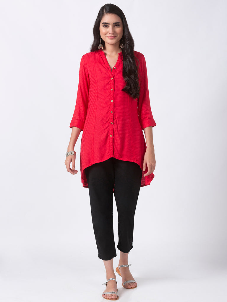 Women High - Low Three-Fourth Red Tunic