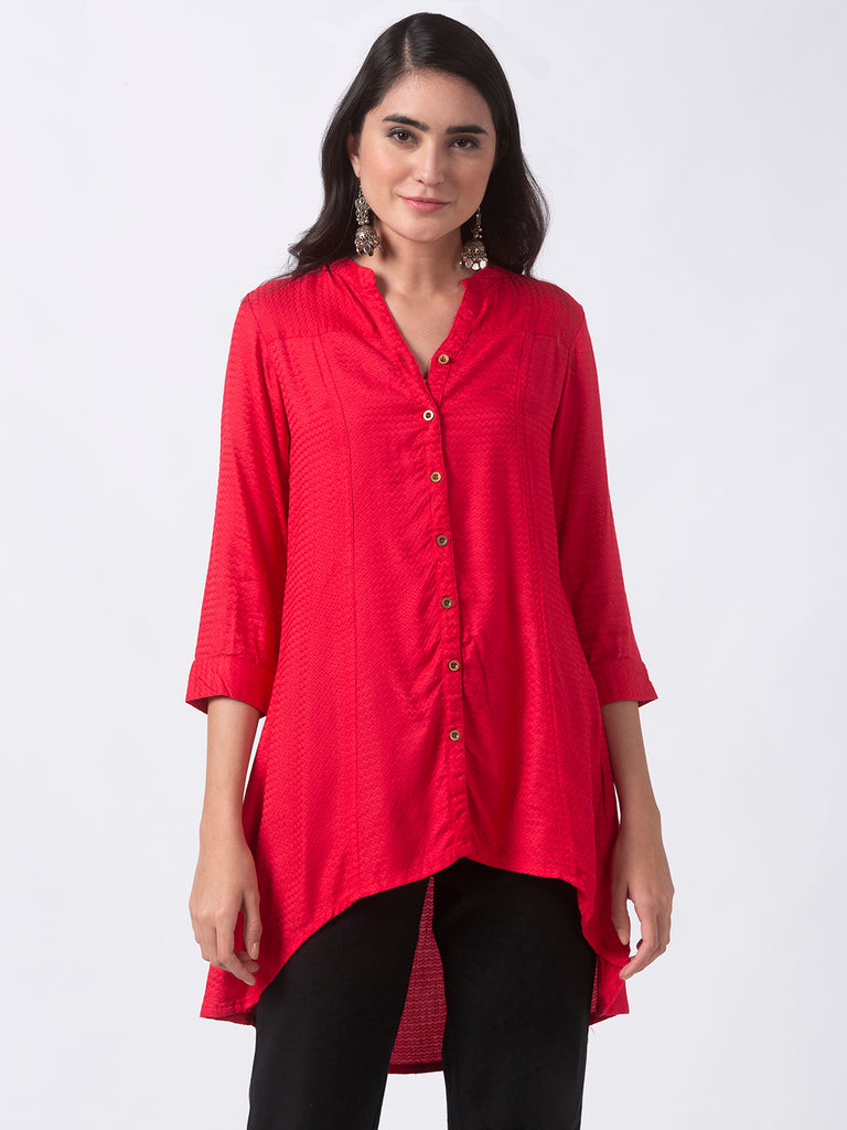 Women High - Low Three-Fourth Red Tunic