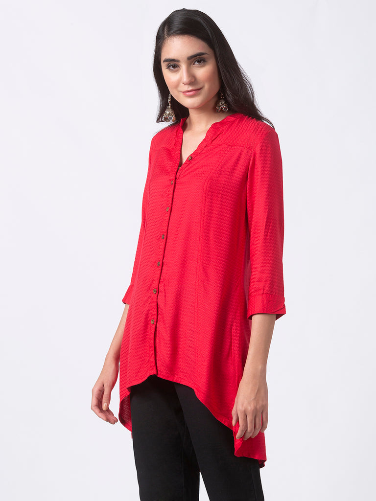 Women High - Low Three-Fourth Red Tunic