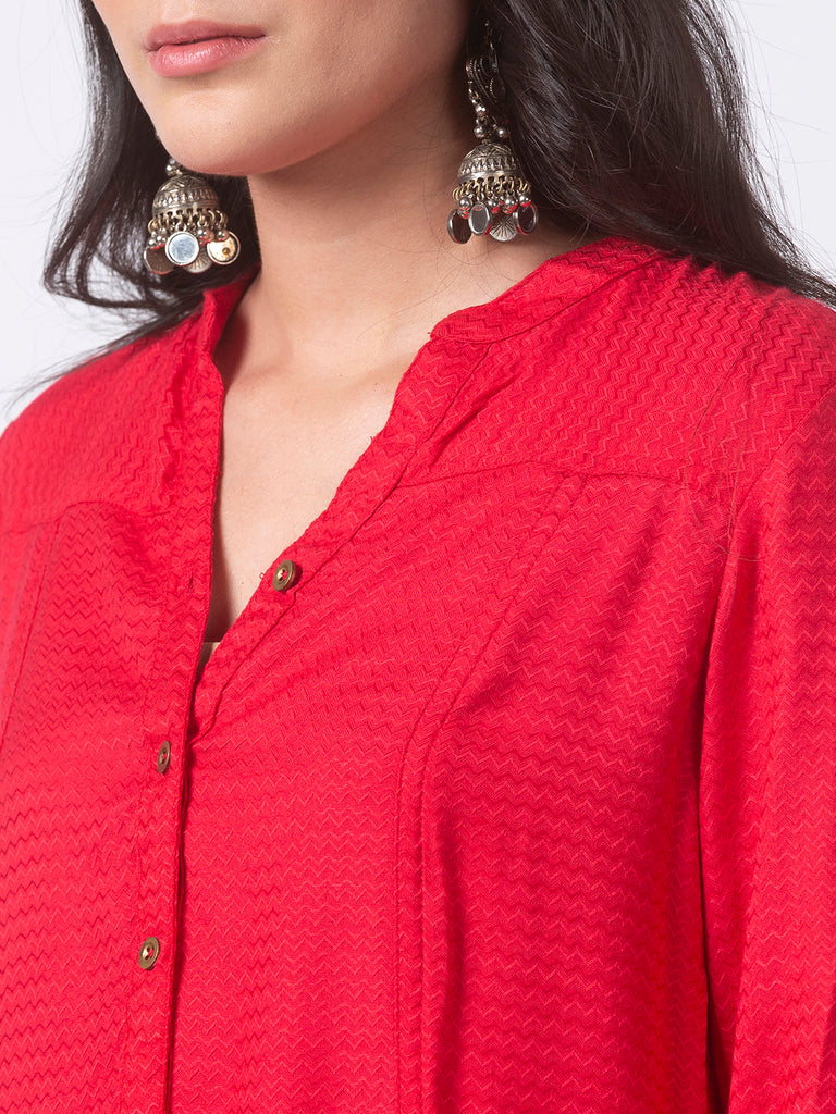 Women High - Low Three-Fourth Red Tunic