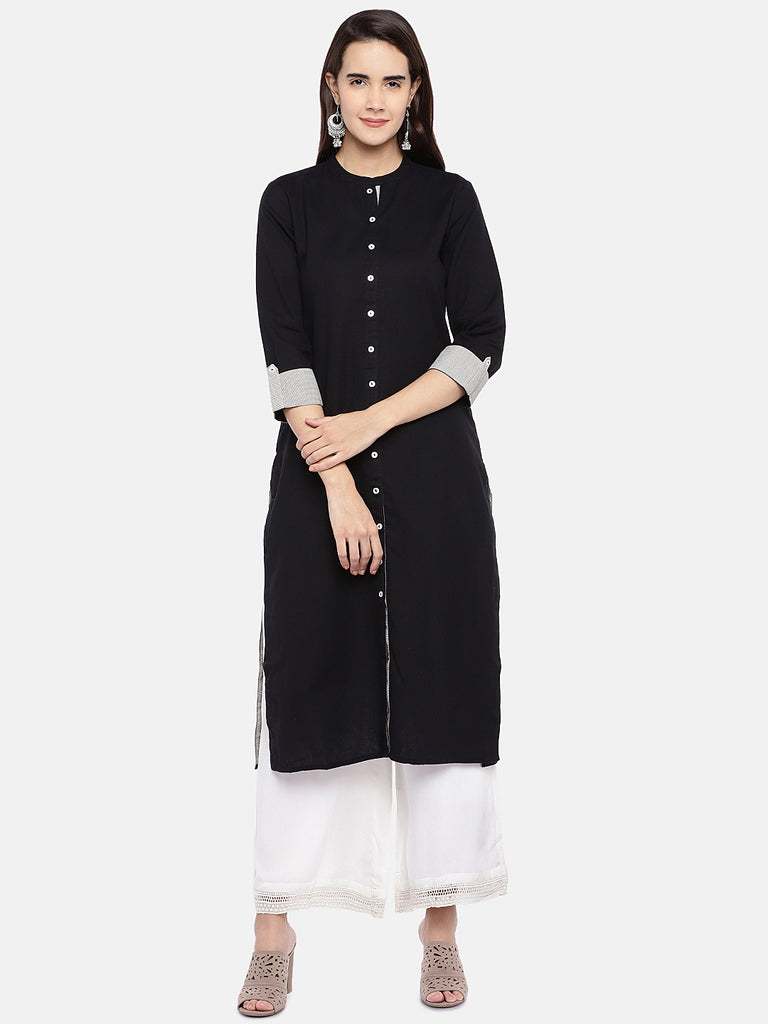 Women A Line Three-Fourth Black Kurta